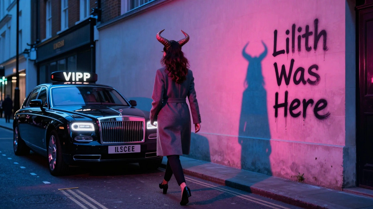 A modern woman walks away from a VIP escort car, her shadow crowned with horns under neon lights.