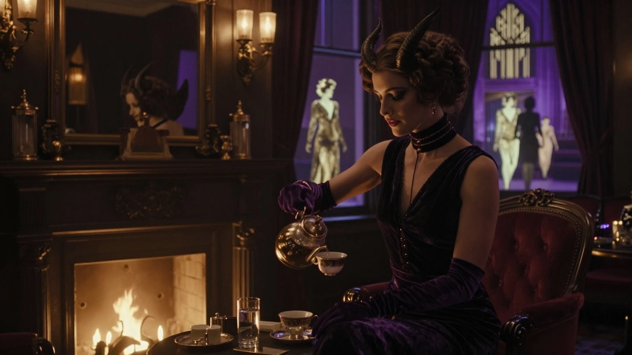 A woman in a velvet gown reflects horns and wings in a mirror, opulent 1920s parlor behind her.